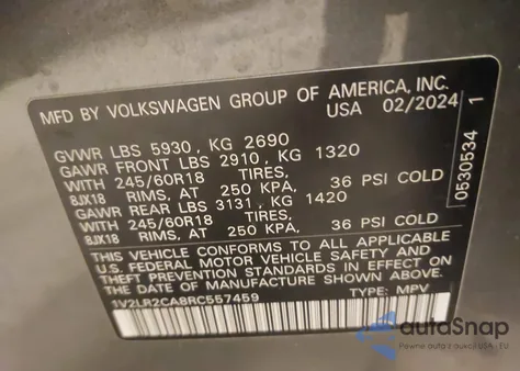 2024 Volkswagen Atlas 2.0T Se from USA, damaged, VIN 1V2LR2CA8RC557459